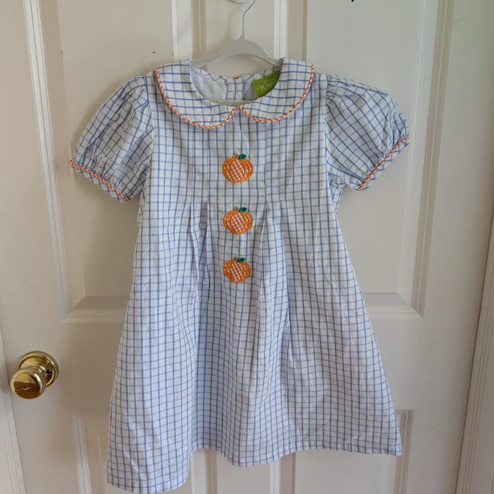 Blue Gingham Pumpkin Applique Kids Formal Dress